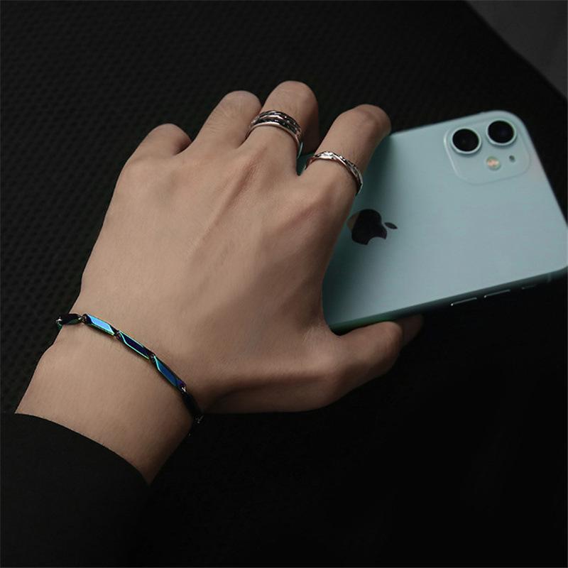 Męska bransoletka ze stali tytanowej z ogniwami w kształcie liści bambusa - Biżuteria w stylu hip-hopowym, niszowym, chłodnym