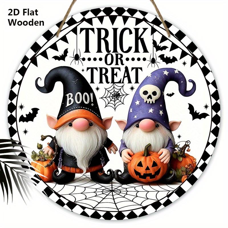 

Cartoon Style Wooden Halloween Sign with Adorable Gnomes Pattern - Trick or Treat Figurine Ornaments - Ideal for Front Door, Wall, Room Decor 20cm/7.87in белый