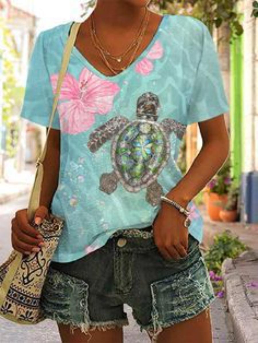 

женская мода V-образный вырез короткий рукав цветочный 3D-принт футболка лето удобная спортивная одежда топы 5XL
