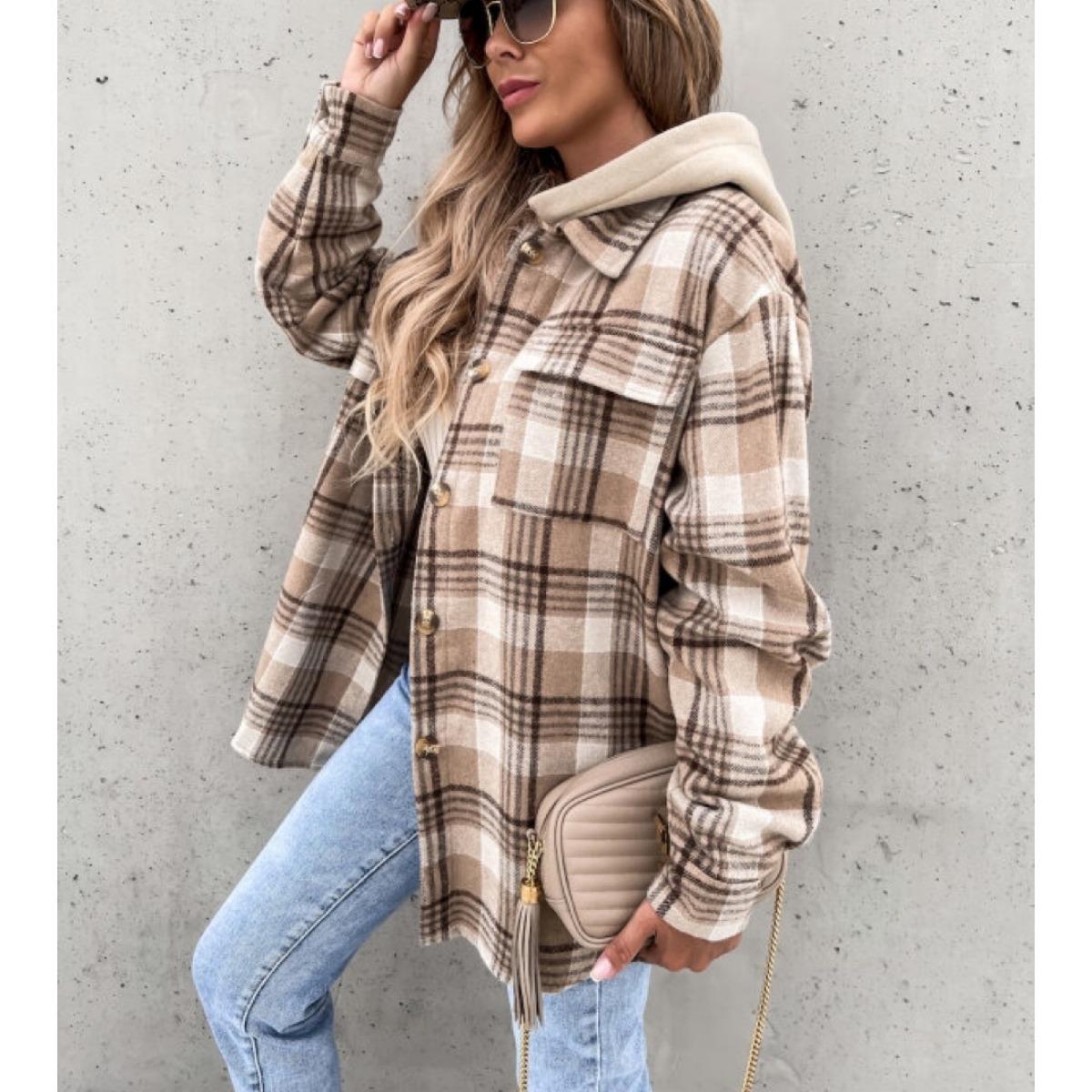 

Воротник, Свободный крой, Женский, Куртка с капюшоном, (съемная шляпа) Клетчатая, Шерстяная Куртка S коричневый