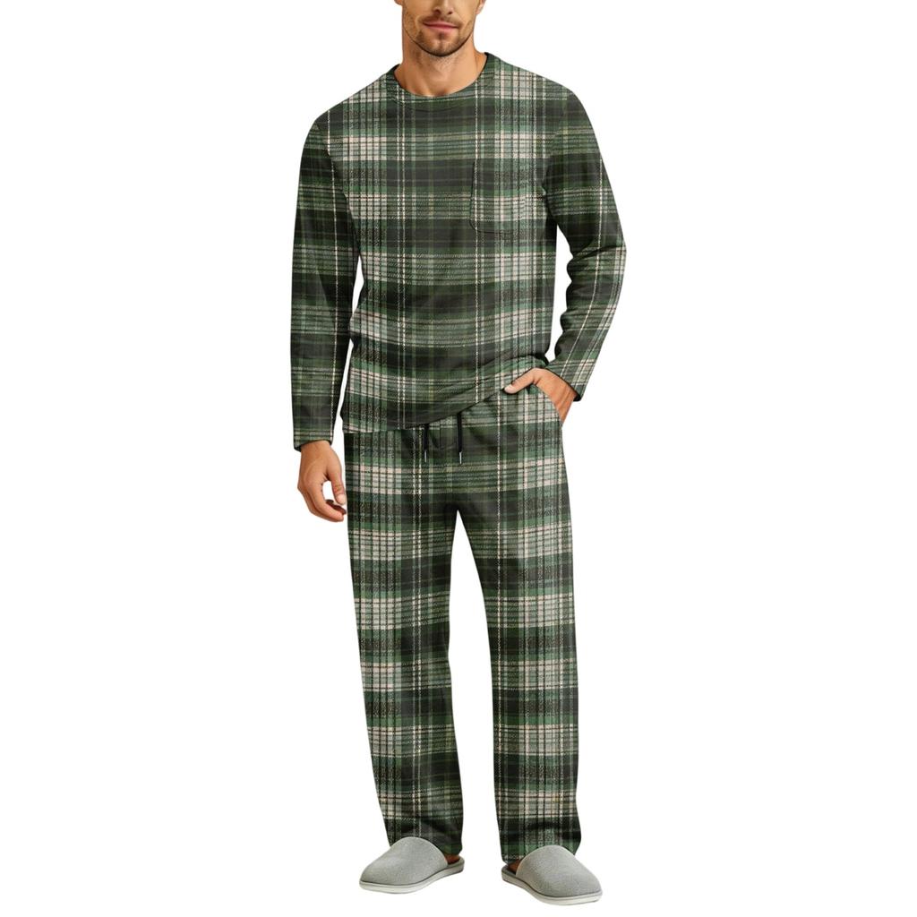 Men's Long Sleeve Pajama Set with Button Crotch and Elastic Drawstring Waist for Home Comfort