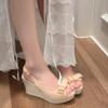 2025 Summer New French Naked Pink Bow Wedge Sandals Waterproof Table Not Tired Thick Heel High Heels
