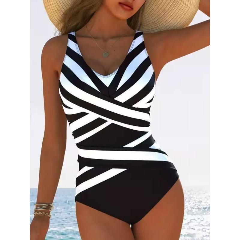 New one-piece swimsuit women's sexy black and white striped cross V-neck to cover the belly and look thin conservative vacation swimsuit