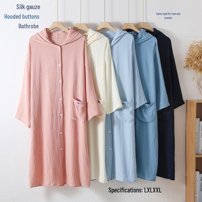 Double-Layer Gauze Cotton Hooded Cardigan Robe Pajamas