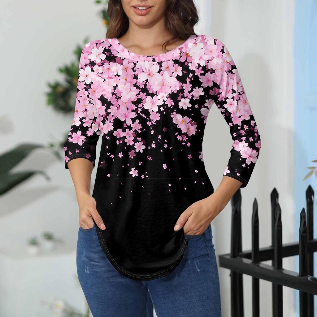 Damen-T-Shirts, 3/4-Ärmel, einfarbig, Pullover, Sommer, Frühling, Tops, Blusen