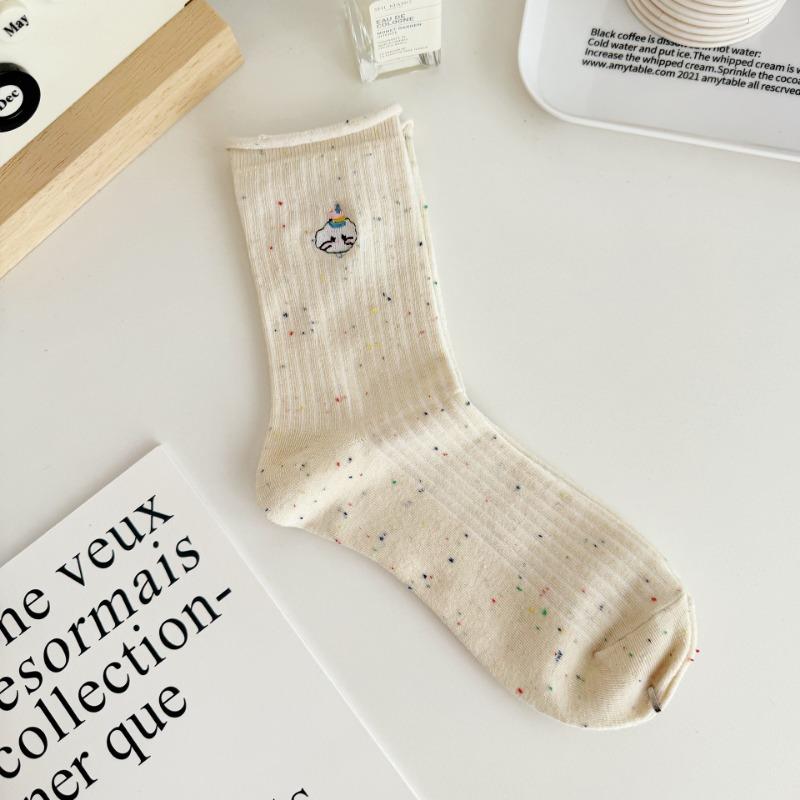 Female Spring and Autumn Trend Cartoon Dog Embroidery Idea Yarn Roll Edge In The Tube Pile Socks