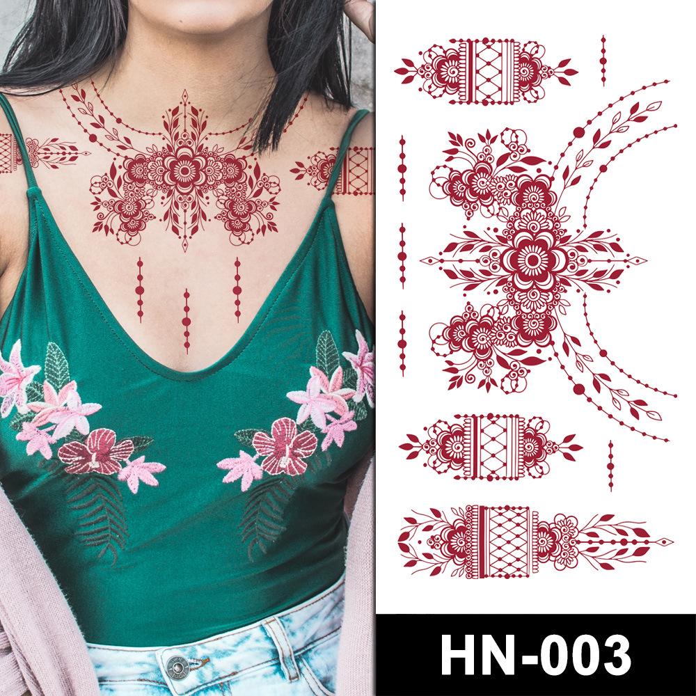 HN Červené krajkové henna tetovací nálepky - Evropský a americký styl, Kreativní a sexy dočasná krajková tetování