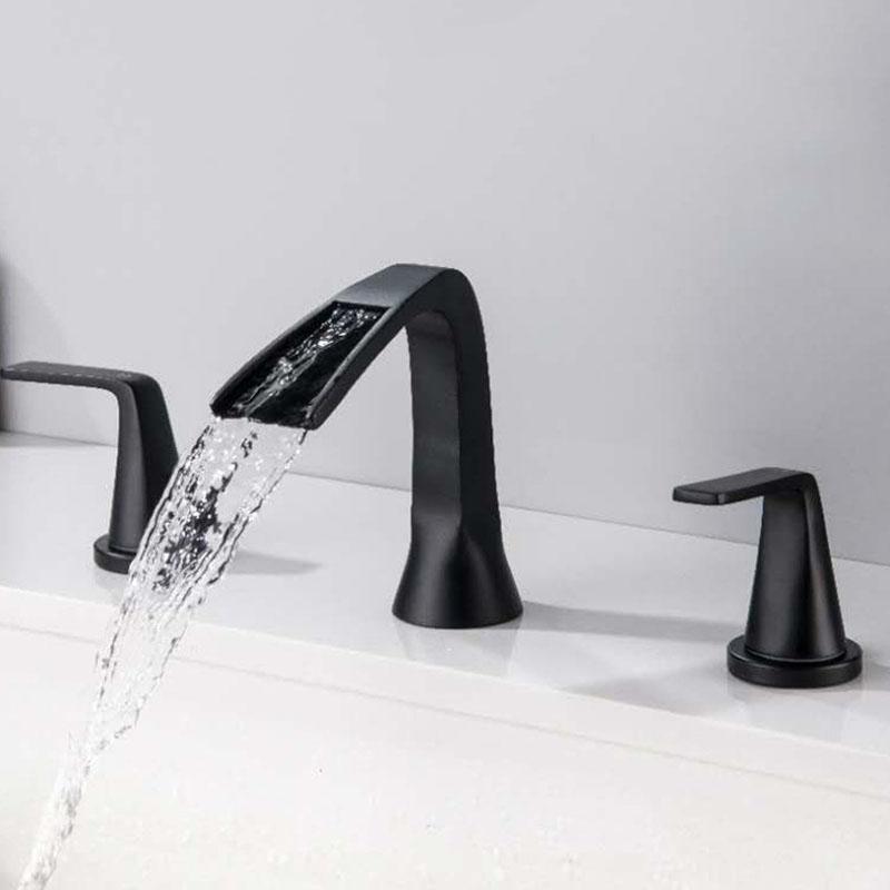 Dumb Black Double Handle Three Hole Waterfall Bathroom Basin Tap Mix Hot And Cold Water Wash Table Basin Faucet Sink Faucet