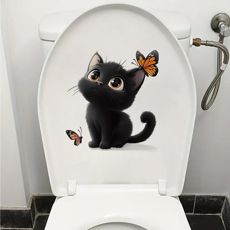 3D Cute Black Cat Butterfly Kawaii Toilet Wall Sticker Self-Adhesive Waterproof Removable Bathroom Home Decor Art