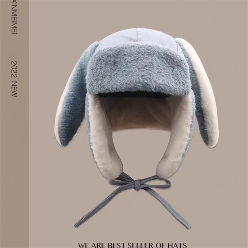 

Cute long rabbit ears Lei Feng hat women s winter warm thickened plush ski hat Northeast cycling pullover hat personality синий