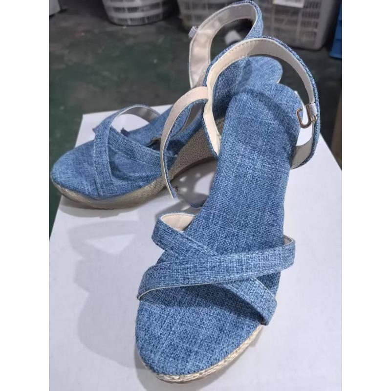 Cross One-word Buckle with Hemp Rope Comfortable Summer New Wedge Heel Sandals Open-toed Women's Shoes