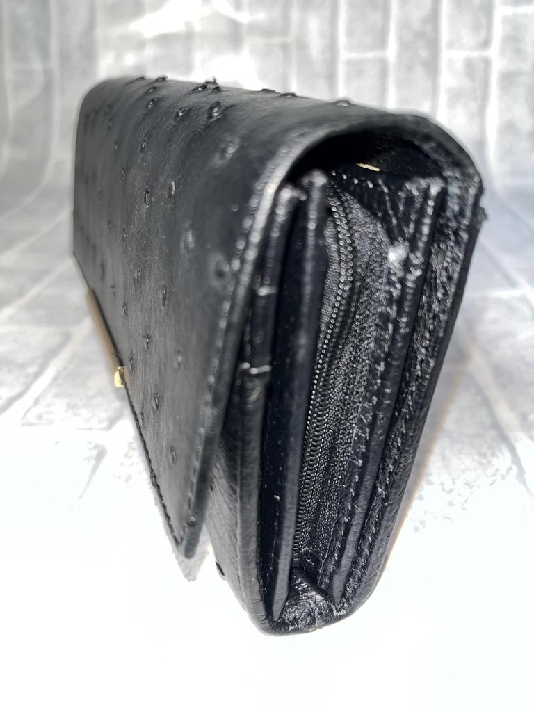 GUODI Long Wallet with Flap, Genuine Ostrich Leather with Card Holder, TK-RP30LW2, Unisex (Black)