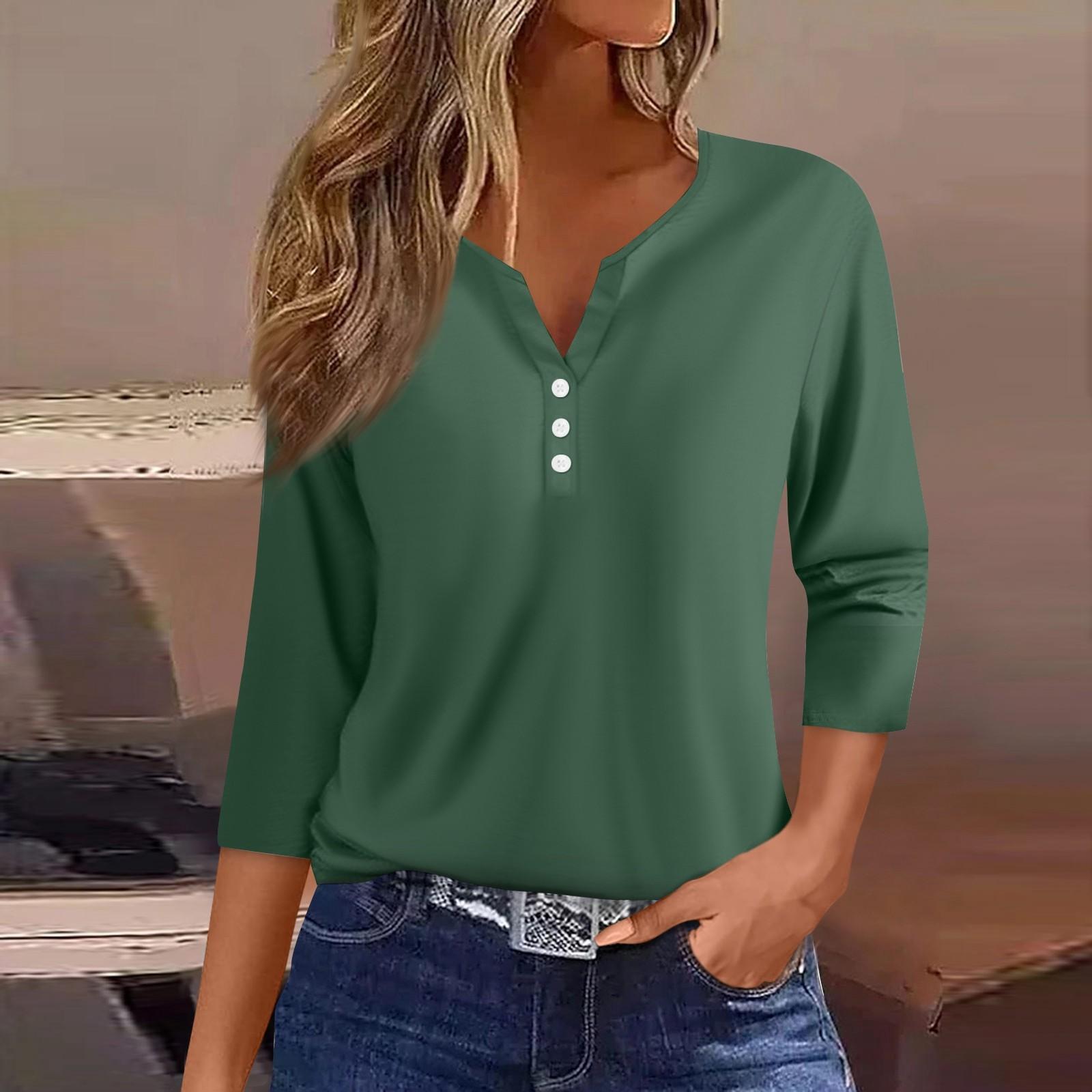 

Жен. Футболка Футболка С принтом Пуговицы Рукав 3/4 Повседневные Выходные Мода Классический Классический V-образный вырез Обычный Верх S темно-зеленого