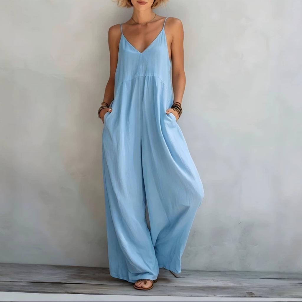 Damen Ärmelloser V-Ausschnitt Weiter Bein Lockerer Jumpsuit Lässiger Sommer-Strampler mit Taschen Leichtes Bequemes Design