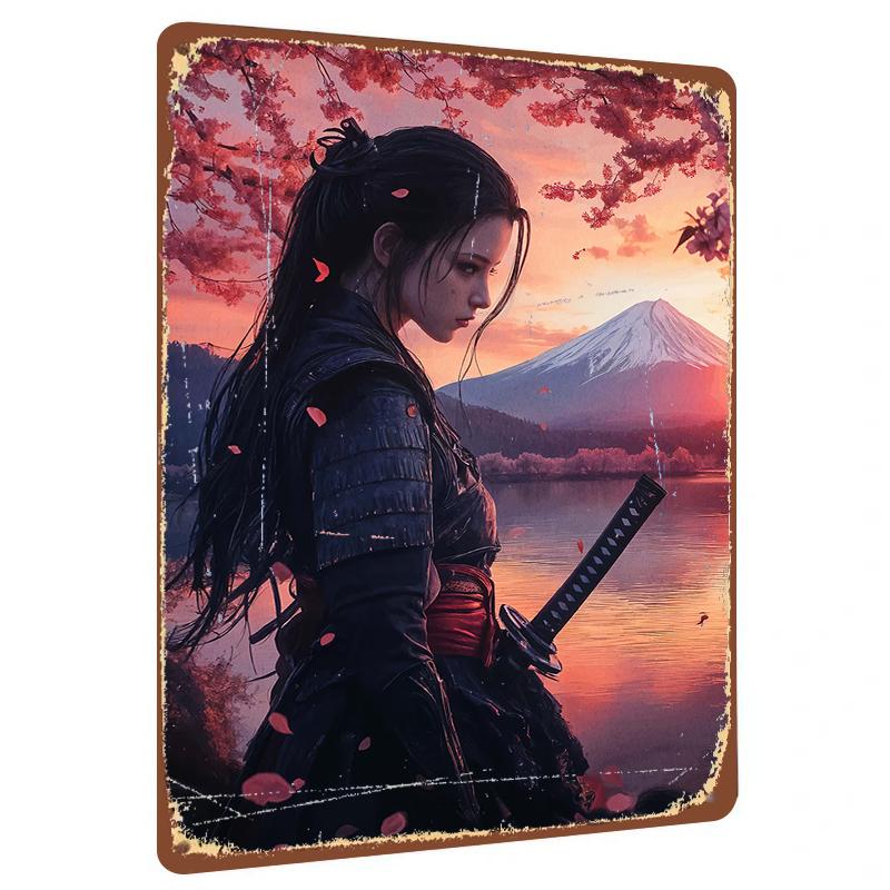 

Samurai Girl in Cherry Blossom with Mount Fuji Scenery Custom Metal Iron Wall Art Decor for Home Office 20x30cm（7.8x11.8inch）