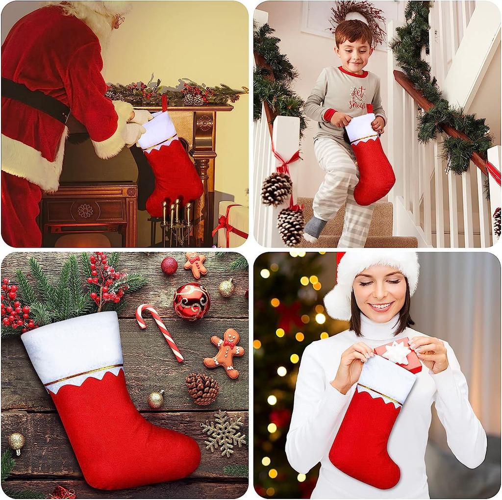 10/20PC Red Felt Christmas Stockings Hanging Bag With Golden Trim  Non-Woven Fabric Xmas StockingsFireplace Party Hanging Decor