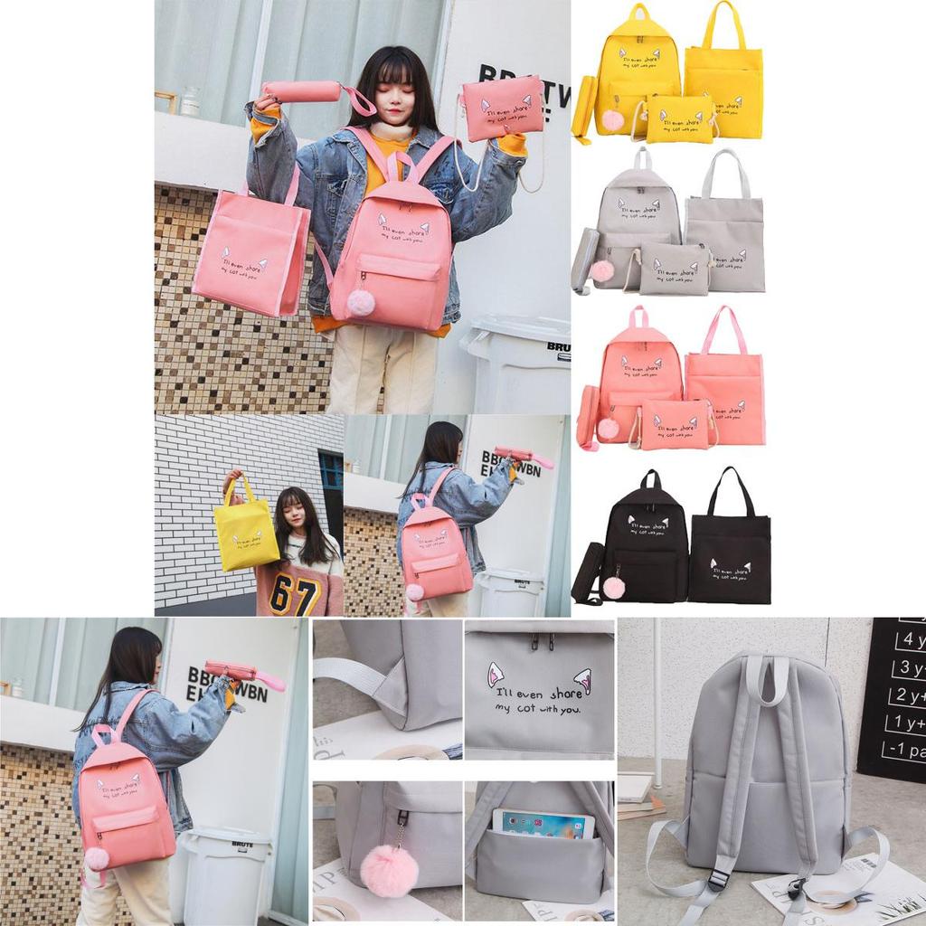 Charming College Style Women's Canvas Backpack Set With Plush Pendant And Pencil Case