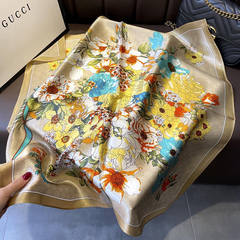 Korean Style Sweet Green Floral Butterfly Faux Silk Scarf - Women’s Versatile Spring/Summer Neck Scarf, 70cm Square.