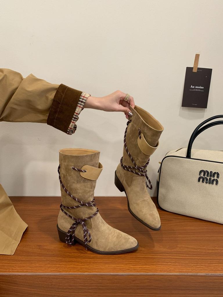 Retro thick heel brown suede medium tube stacking boots women's 2025 new thin boots spring and autumn single boots western short boots