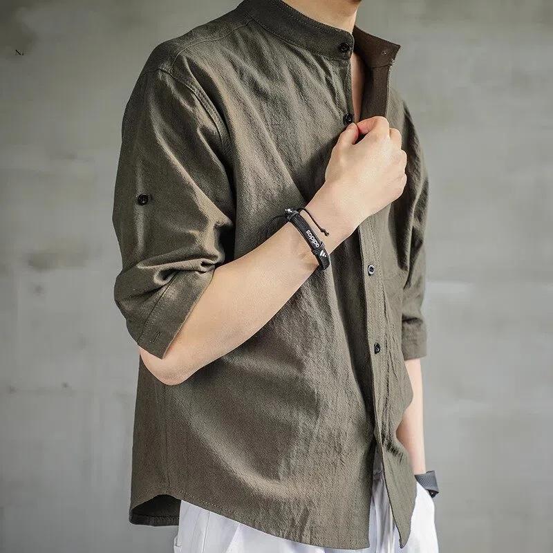 Men's Black Linen Stand Collar Shirt, Casual 3/4 Sleeve Button Down Top, Breathable Loose Fit for Daily Wear