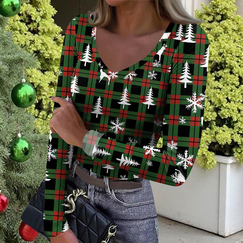 Dámské zimní přiléhavé základní tričko Módní vánoční potisk Výstřih do V Pulovr Top s dlouhým rukávem