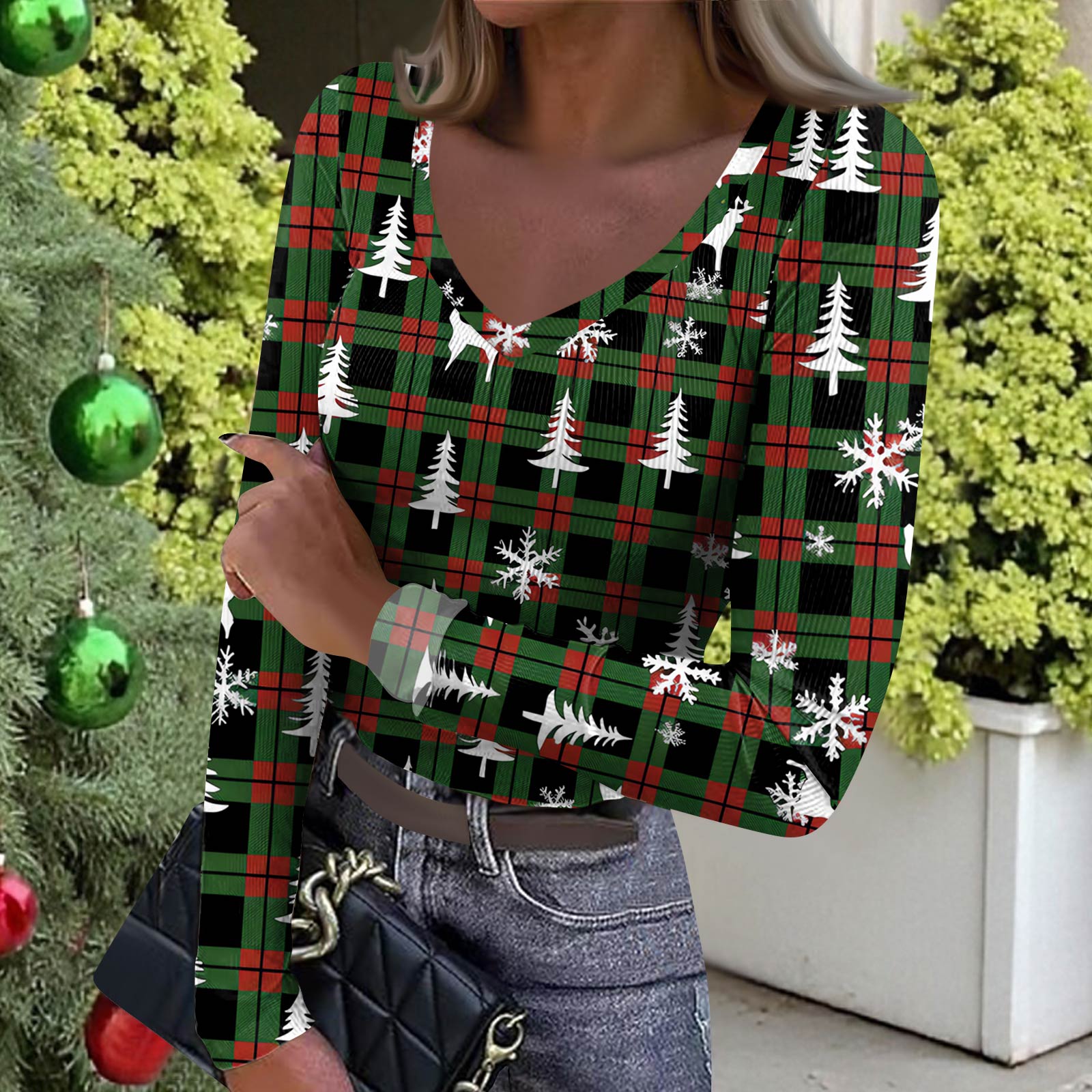 

Женская зимняя облегающая футболка-базовый слой, модный рождественский принт, V-образный вырез, пуловер, топ с длинными рукавами M