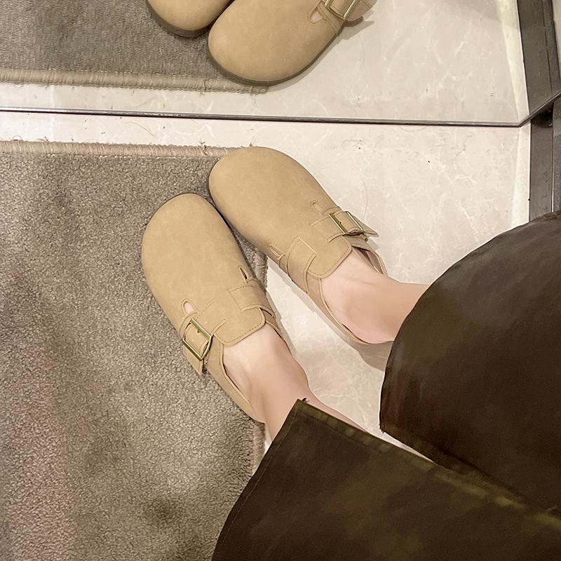 Fashion 2024 Summer New External Wearing Women's Baotou Large Size Half Slippers Matte Leather Solid Color Comfortable Single Shoes