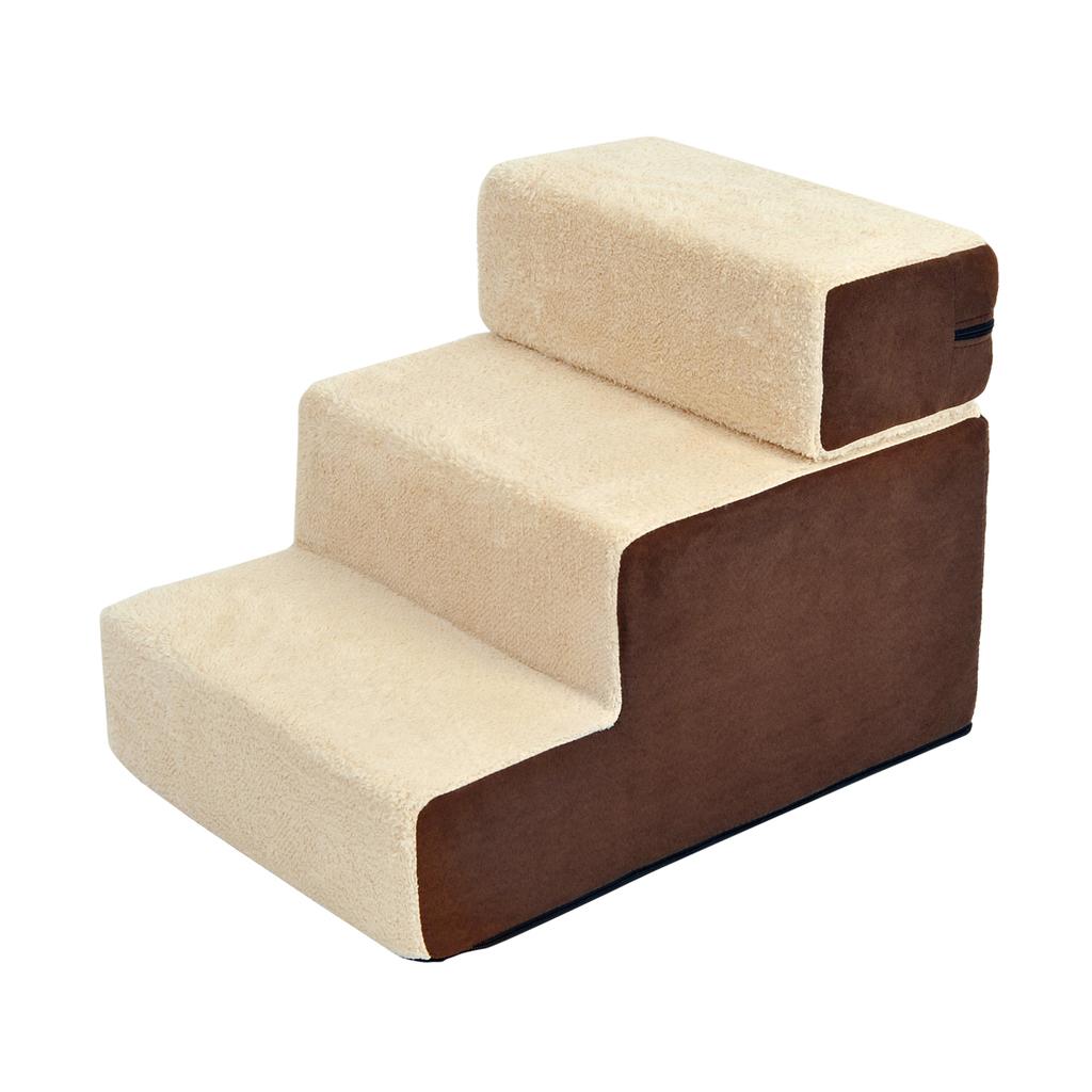 Pet Stairs Dog Stairs Cat Stairs 3 Steps for Cats and Dogs Plush Beige 54 x 40 x 39cm