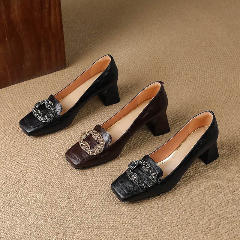 Krazing Pot Vintage Sheepskin Summer Autumn Thick High Heels Party Shoes Women Square Toe Crystal Buckle Wedding Pumps
