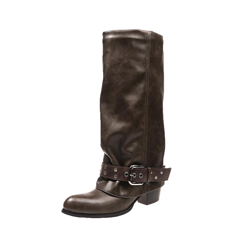 Niche Design Pleated Western Cowboy Boots Autumn Women'S Stack Boots Thick Heel Pointed Knight Boots Trousers