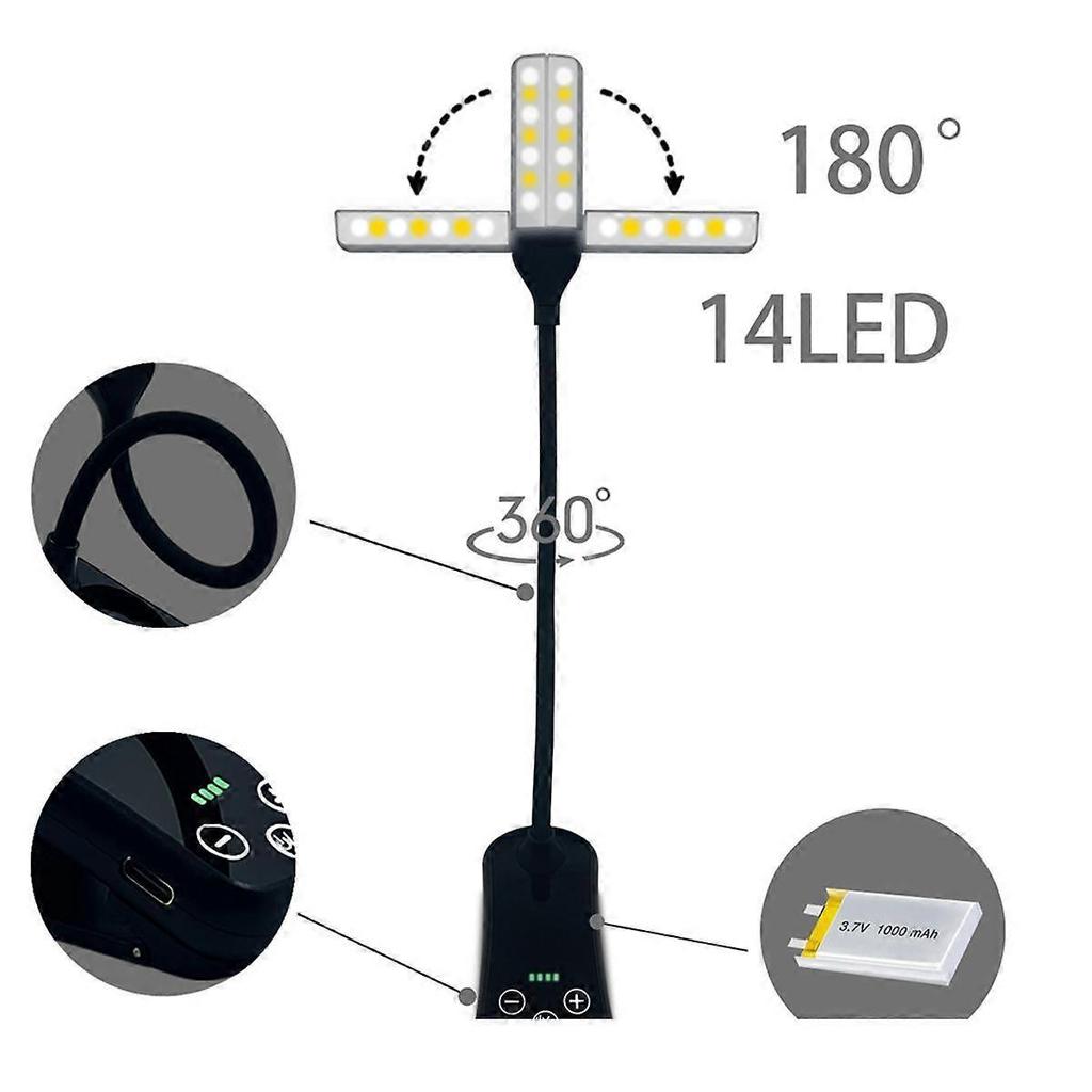 Dual Heads 14 LED Touch Control Reading Light with 8 Brightness USB Rechargeable Eye Care Book Light Clip On Book/Desk