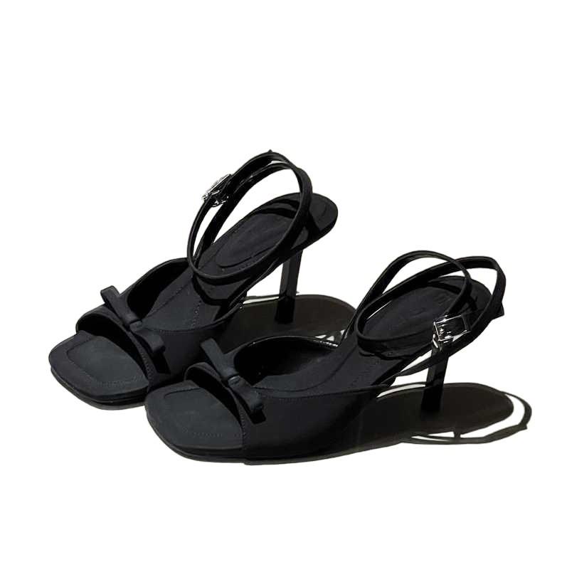 Fish mouth open-toed black bow slippers women's 2025 summer new one-word strap sandals stiletto high heels outer wear