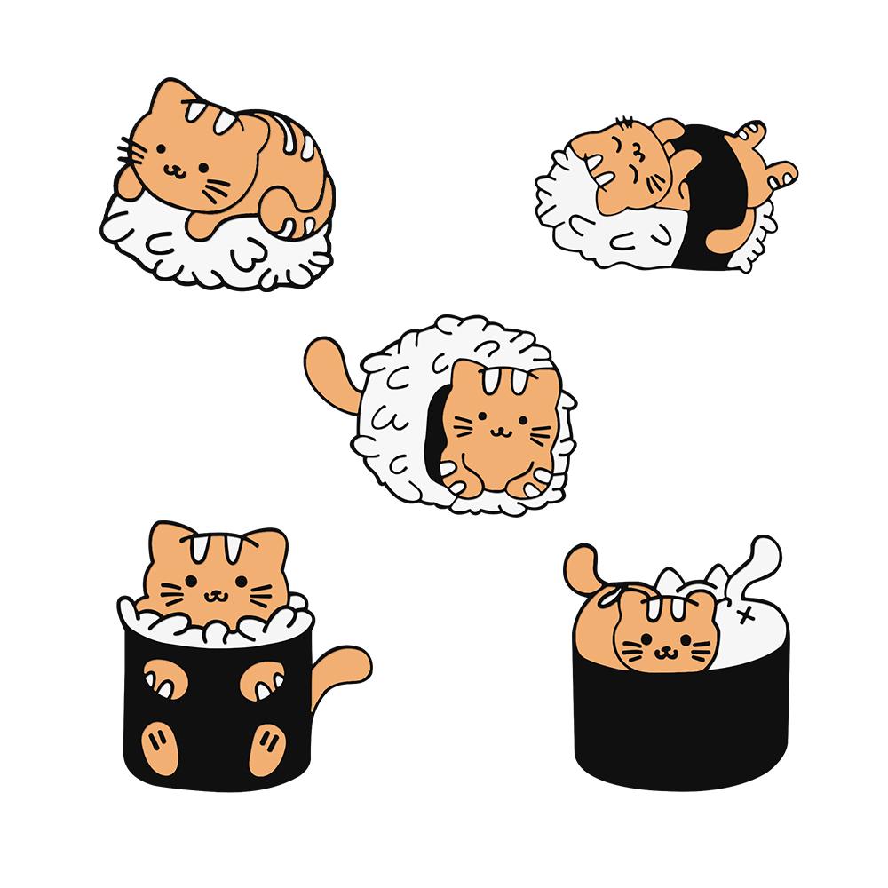 3-5pcs/set Funny Animal Cats Goose Brooch  Punk Ghost Moon Phase Cat Lapel Pins Cute Sushi Kitten Enamel Badge Bag Jewelry Gifts