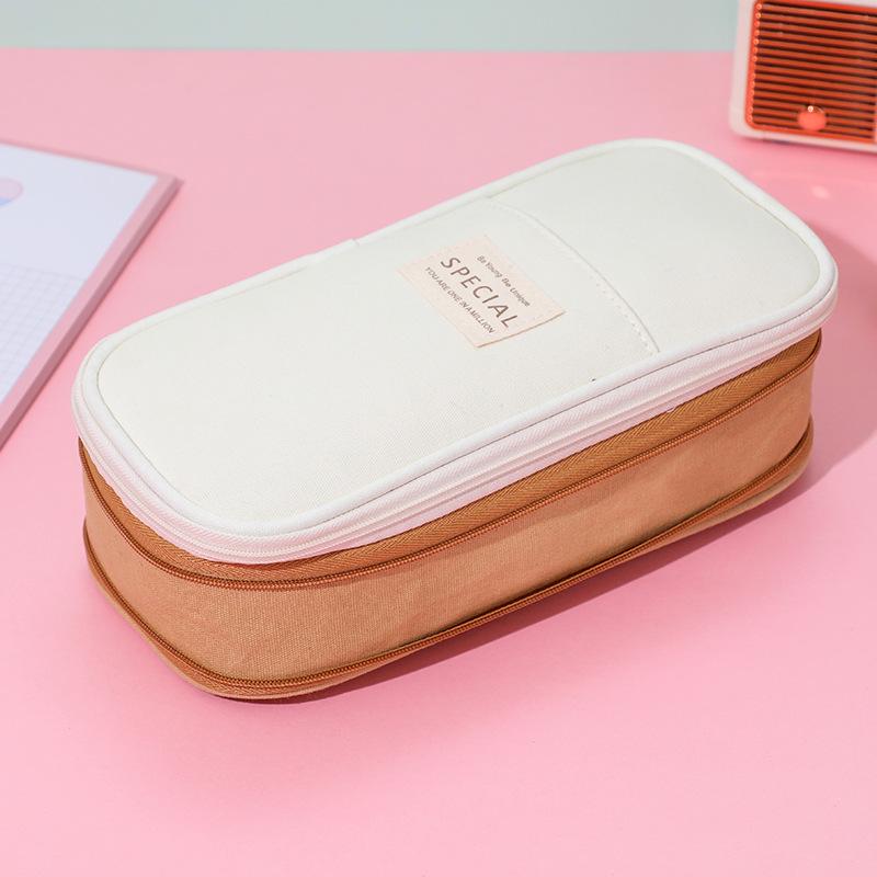 Colorblock Canvas Telescopic Pencil Case, Multifunctional Double Zipper, Convertible, Large Capacity Pencil Bag for Students