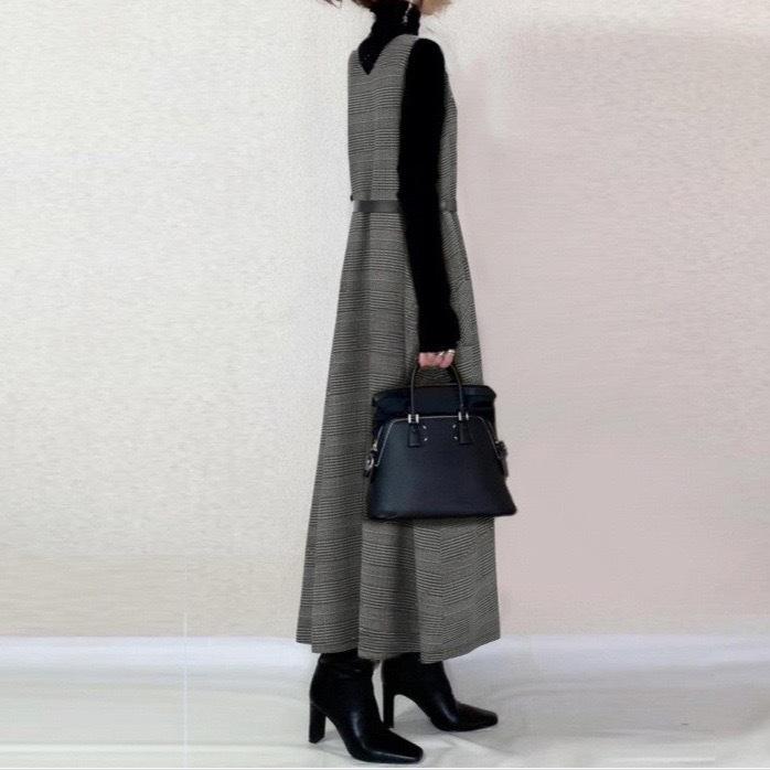 2026 Spring/Autumn Woolen Plaid V-Neck Crossover Vest Dress - Japan/Korea Style