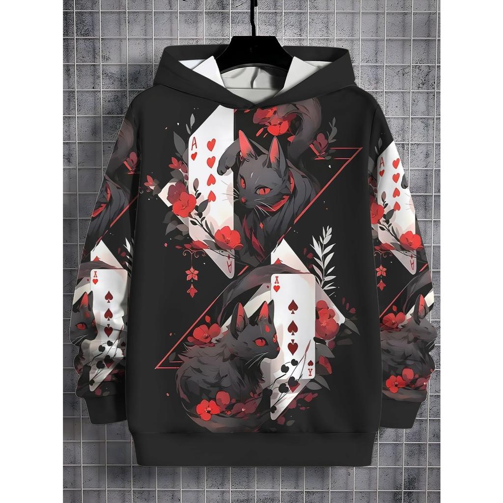 3D Digital Printed Dark Poker Red Rose Black Cat Pattern Hooded Sweatshirt, Fashionable and Trendy Children's Casual Clothing