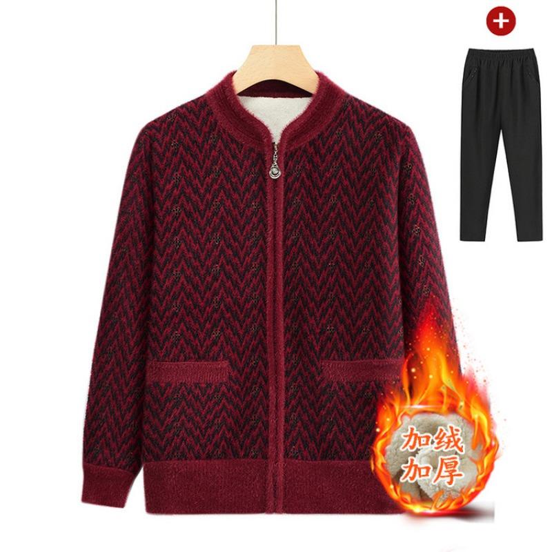 Mom autumn and winter crew neck cardigan fleece thermal top medium and old loose casual comfortable grandma coat