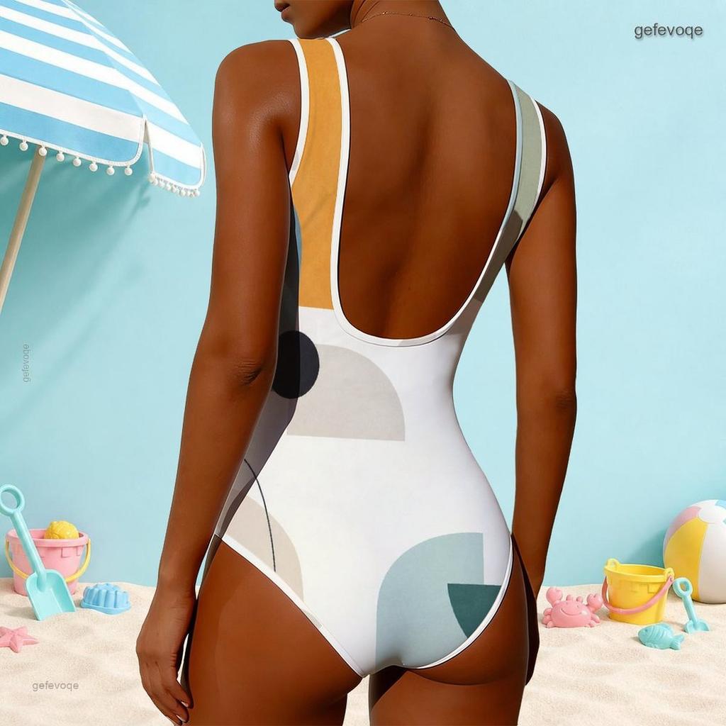 Women Plus Size High Round Neck Sleeveless One Piece Geometric Printed Swimsuit