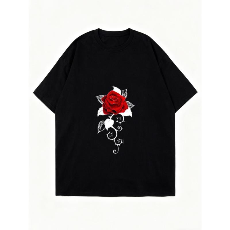 Women's Short-Sleeve T-Shirt with Red Rose and Silver Line Pattern Art Print