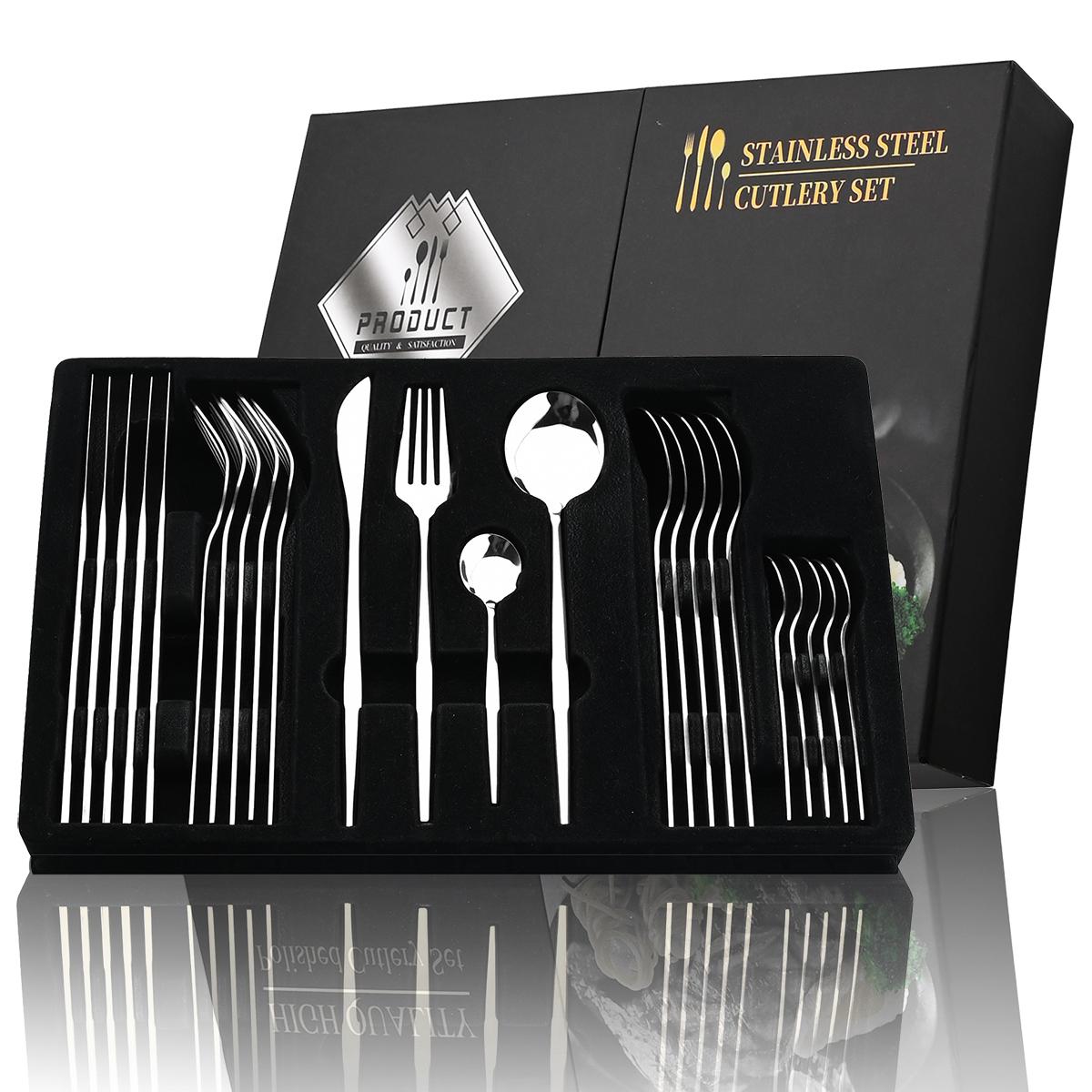 

24 шт. золотой набор столовых приборов с подарочной коробкой, посуда из нержавеющей стали, кухонное зеркало, набор посуды, обеденный нож, вилка, ложка, столовые приборы