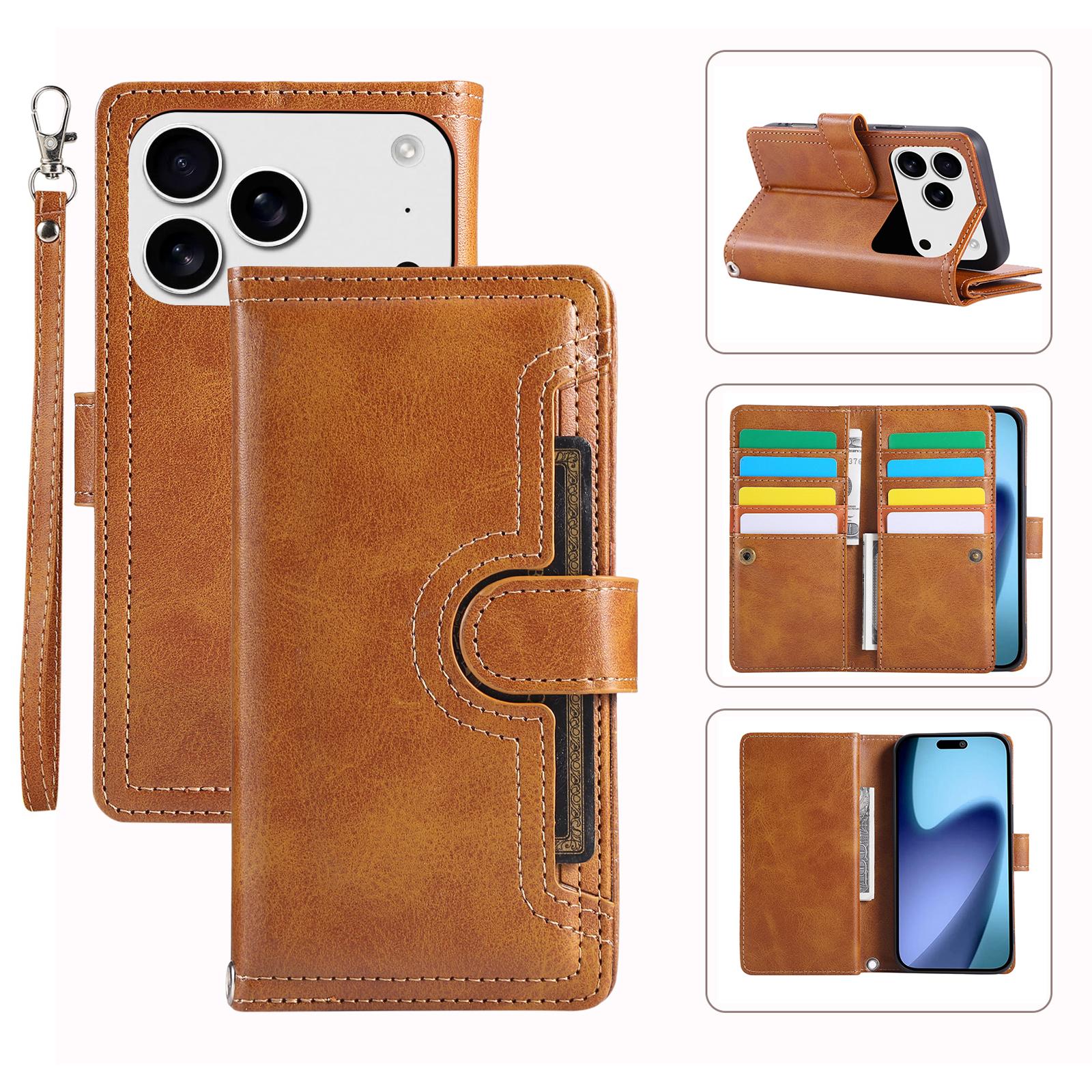 

For iPhone 17 Pro Max Case Split Leather Magnetic Wallet Phone Protector with Wrist Strap B