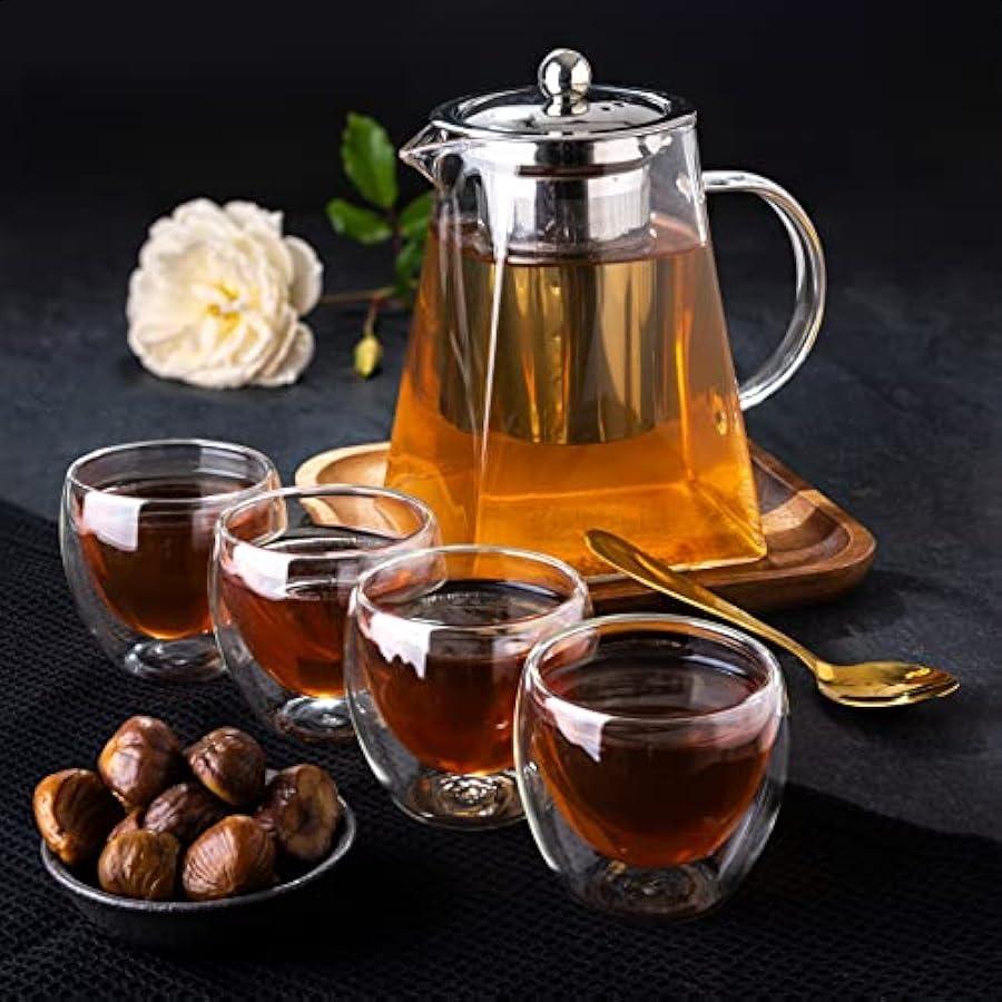 

Набор из 5 предметов: стеклянный чайник с съемным ситечком, прозрачный стеклянный чайник 33 унции, 4 чашки с двойными стенками 2,7 унции, подходит для плиты, чай United States