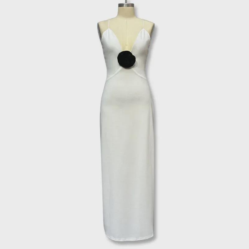 2024 European & American Style V-Neck Splicing Backless Chiffon Suspender Dress for Women