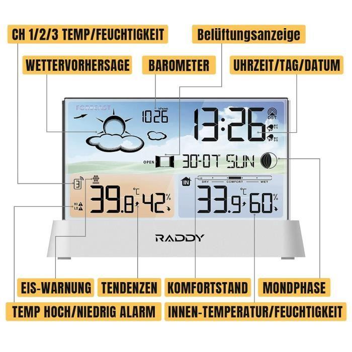 Station météo - raddy - dt6 - horloge radio-pilotée - thermomètre hygromètre - prévisions météo