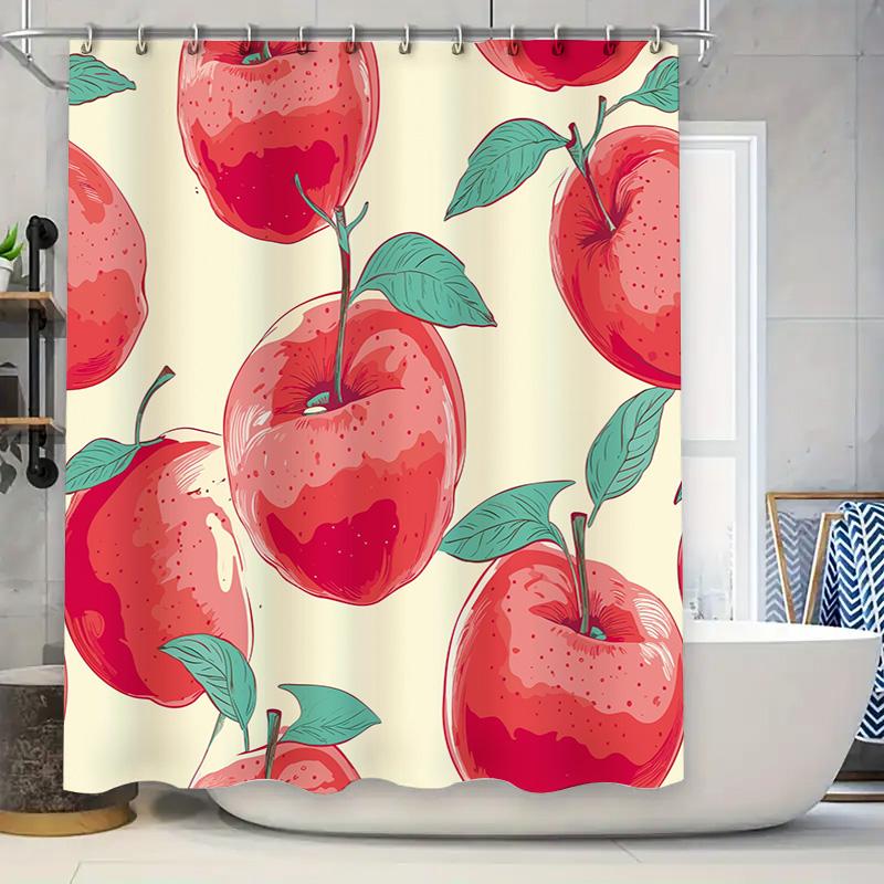 Handmade Printed Shower Curtain with Apple Design Perfect for Kitchen or Bathroom Decorations Red Apples Pattern on White Fabric