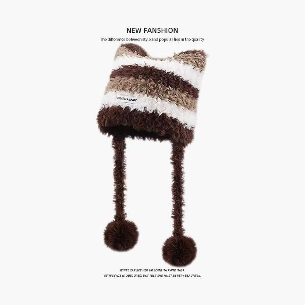 New Plush Hat Women's Autumn and Winter Warm Ear Protection Wool Hat Shows a Small Face Knitted Hat Bag Dual-purpose