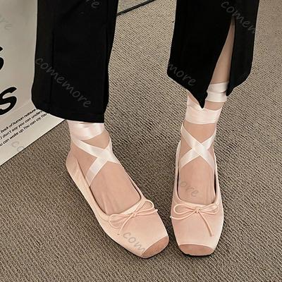 Fashion Comemore Schnür-Satinseide Ballerinas Damen Eckige Zehen Schleife Gummizug Ballerinas Damen Hochzeit Floral Mary Janes Schuhe
