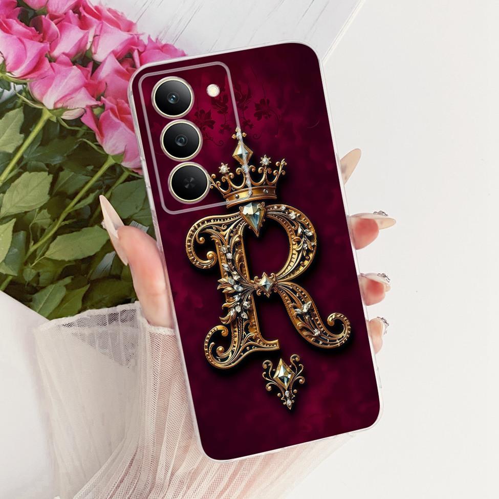 Cover For Realme 14x 5G India Case RMX3940 Transparent Luxury Crown A-Z Letters 2D Flat Pattern Soft Phone Case