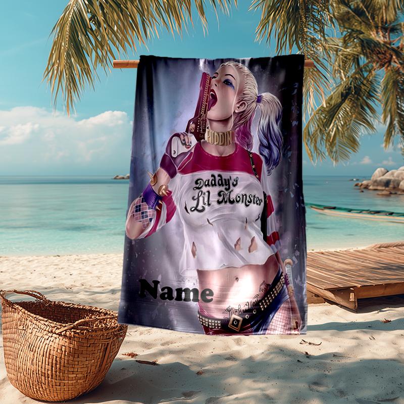 Custom Name Ultra-Soft Beach Towel with Harley Quinn Theme,Ideal for Pool - Camping, Diving - Perfect Travel Essential, Vibrant Beach Towel.