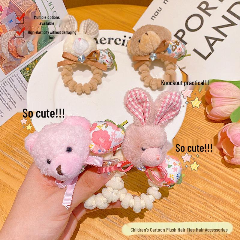 Sweet Girl High Elasticity Plush Rabbit & Bear Hair Ties - No Damage, Cute Ponytail Hair Ropes for Children